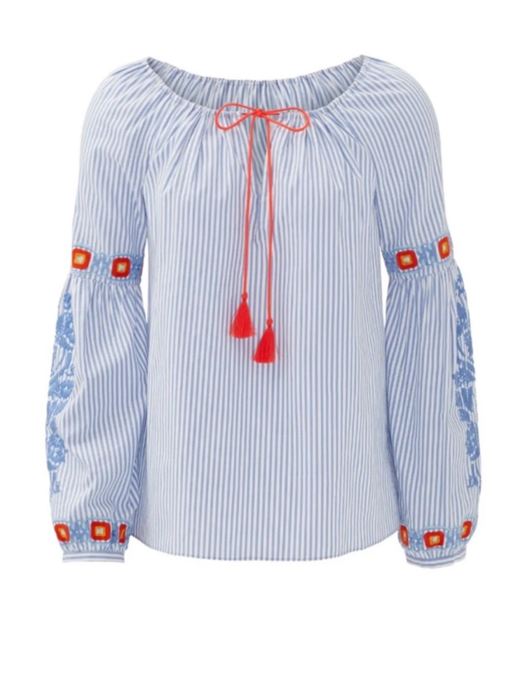 Tory Burch Blue & White Striped Embroidered Peasant Blouse with Orange Tassels